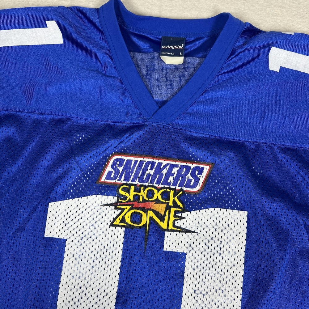 Vintage 1998 Snickers‎ Shock Zone Jersey Mens L Swingster #11 USA Made Blue Mesh